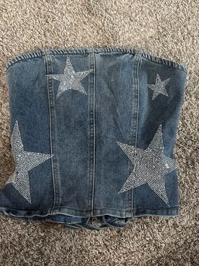 Windsor Denim Corset Tube Top with Rhinestone Stars - Blue